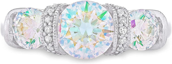 .925 Sterling Silver Round Brilliant Cut Aurora Borealis Cubic Zirconia Three Stone Engagment Ring