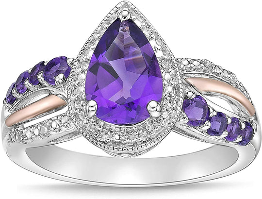 Two Tone 10K Rose Gold & .925 Sterling Silver, Pear Cut Amethyst with Diamond Accented Halo Twist Engagement Ring (I Color, I3 Clarity)