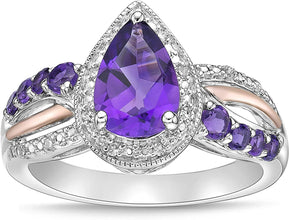 Two Tone 10K Rose Gold & .925 Sterling Silver, Pear Cut Amethyst with Diamond Accented Halo Twist Engagement Ring (I Color, I3 Clarity)