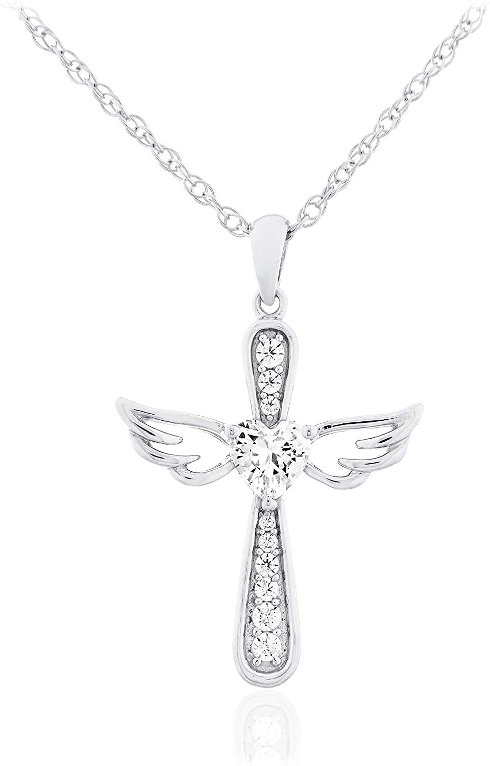 .925 Sterling Silver Heart Cut White Cubic Zirconia Heart Flared Cross with Angel Wings Pendant Necklace with Rope Chain - 20”