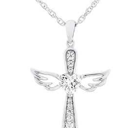 .925 Sterling Silver Heart Cut White Cubic Zirconia Heart Flared Cross with Angel Wings Pendant Necklace with Rope Chain - 20”