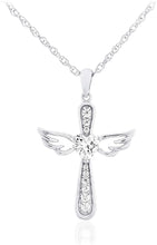 .925 Sterling Silver Heart Cut White Cubic Zirconia Heart Flared Cross with Angel Wings Pendant Necklace with Rope Chain - 20”