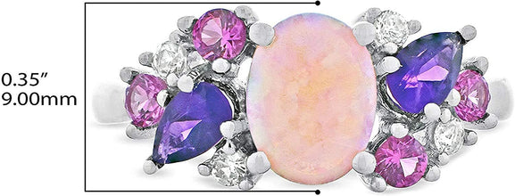 .925 Sterling Silver Oval Cabochon Lab Created Pink Opal Fashion Ring with Natural Amethyst and Created Pink Sapphire Side Stones