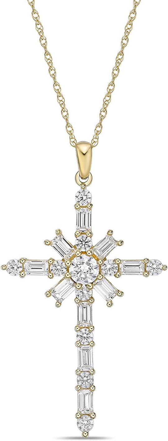 10K Yellow Gold & Round and Baguette Cut White Cubic Zirconia Chi Rho Cross Pendant Necklace with Rope Chain - 20”
