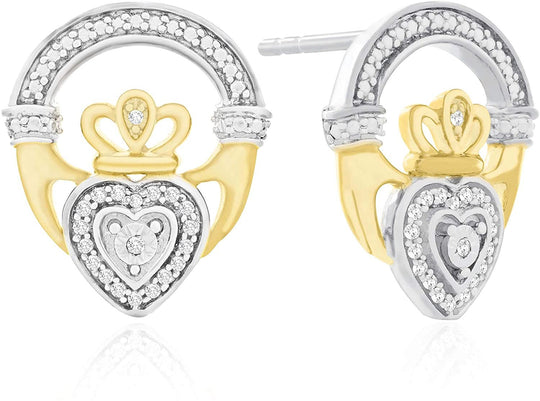 Two Tone 14K Yellow Gold Plated .925 Sterling Silver 1/10 Cttw Diamond 2/3" Claddagh Style Pushback Stud Earrings (I-J Color, I2-I3 Clarity)