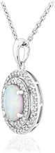 .925 Sterling Silver, Oval Lab-Grown White Opal Cabochon & 1/4 Cttw Diamond Double Halo Dangling Pendant Necklace (I Color, I2 Clarity) - 18”