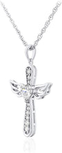 .925 Sterling Silver Heart Cut White Cubic Zirconia Heart Flared Cross with Angel Wings Pendant Necklace with Rope Chain - 20”