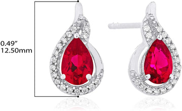 .925 Sterling Silver Pear-Shaped Birthstone & Lab Grown White Sapphire or CZ Teardrop Stud Earrings - Choice of Gem Color/Month