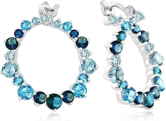 .925 Sterling Silver, 3.0 Cttw London Blue Topaz, Swiss Blue Topaz & Sky Blue Topaz 3/4" Back To Front Twisted Hoop Earrings