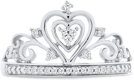 .925 Sterling Silver 1/10 Cttw Diamond Heart Crown Filigree Band Style Fashion Ring (I-J Color, I2-I3 Clarity)