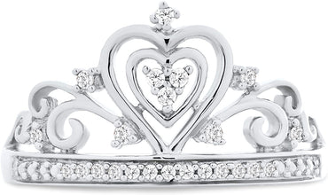 .925 Sterling Silver 1/10 Cttw Diamond Heart Crown Filigree Band Style Fashion Ring (I-J Color, I2-I3 Clarity)