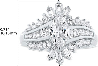 .925 Sterling Silver & Marquise, Round, and Baguette Cut Cubic Zirconia Channel Set Bypass Style Statement Ring or Engagement Ring