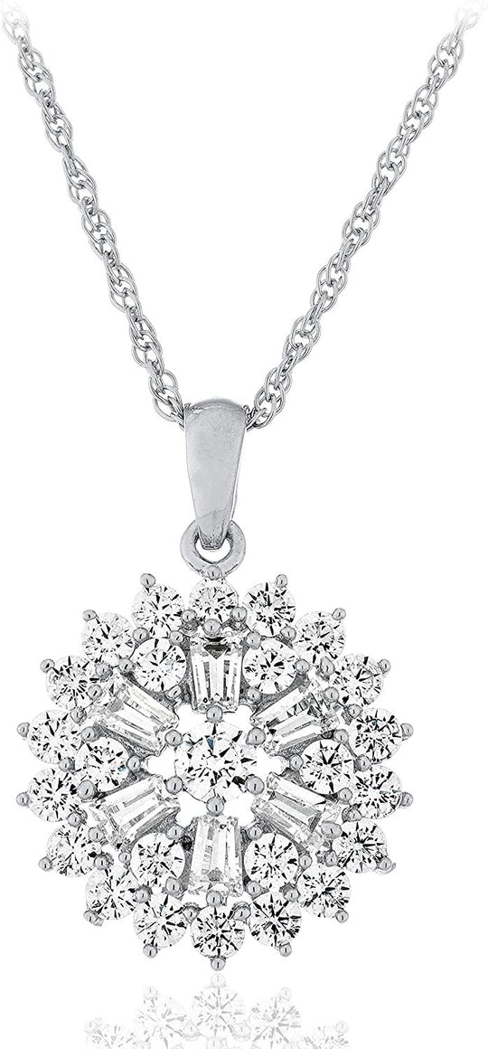 .925 Sterling Silver Round & Baguette Cut Cubic Zirconia Snowflake 7/8" Pendant Necklace with 18" Rope Chain