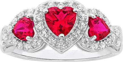 .925 Sterling Silver, Heart Cut Lab-Grown Ruby & Round Cubic Zirconia 3 Heart Split Shank Engagement or Anniversary Ring
