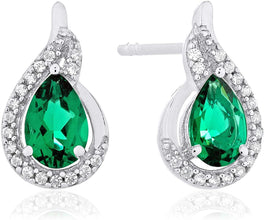 .925 Sterling Silver Pear-Shaped Birthstone & Lab Grown White Sapphire or CZ Teardrop Stud Earrings - Choice of Gem Color/Month