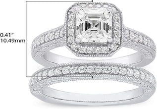 .925 Sterling Silver & Asscher Cut Cubic Zirconia with Halo Cathedral Style Engagement Ring and Half Eternity Style Wedding Band Bridal Set