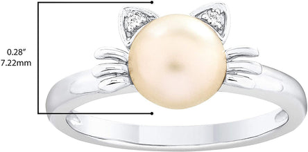 .925 Sterling Silver, 7.0mm White Freshwater Cultured Pearl & Lab Grown White Sapphire Kitty Cat Statement Ring