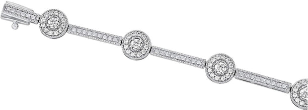 .925 Sterling Silver Cubic Zirconia Round Halo Station and Bar Alternating Link Tennis Bracelet - 7-1/4