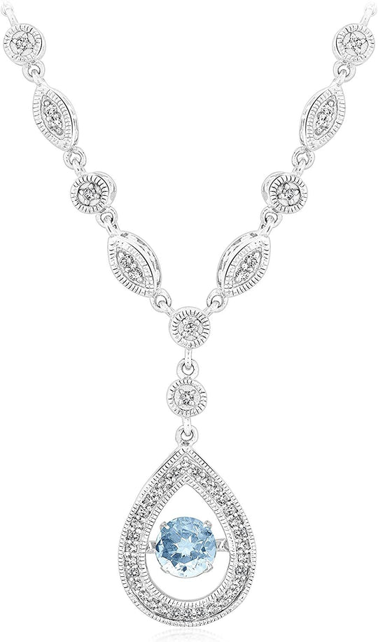 .925 Sterling Silver, Blue Aquamarine & White Topaz Dancing Gem inside Teardrop Halo Milgrain & Filigree Pendant Necklace - 18”