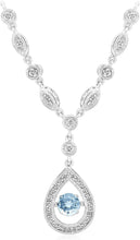 .925 Sterling Silver, Blue Aquamarine & White Topaz Dancing Gem inside Teardrop Halo Milgrain & Filigree Pendant Necklace - 18”