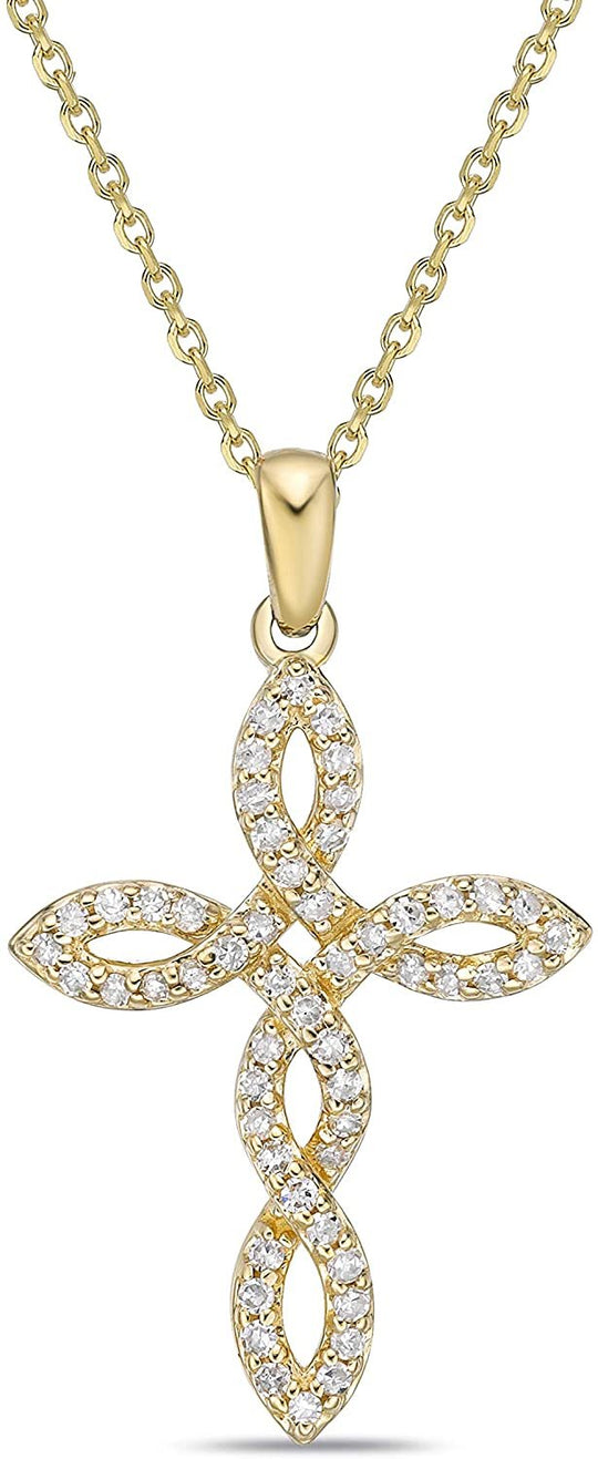 10K Yellow Gold 1/4 Cttw Brilliant-Cut Diamond Almond Shaped Knotted Fretty Cross Pendant Necklace with Cable Chain - 20" (H-I Color, I1-I2 Clarity)