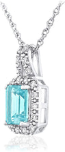 .925 Sterling Silver, Emerald Cut Blue Aquamarine & Cubic Zirconia Halo Split Bail Pendant Necklace with Delicate Rope Chain - 18”