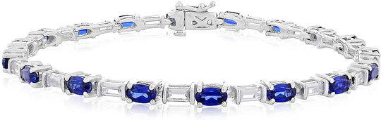 .925 Sterling Silver, Oval Lab-Grown Gemstone & Baguette Cut Lab-Grown White Sapphire Alternating Link Tennis Bracelet - 7-1/4" - Choice of Gemstone