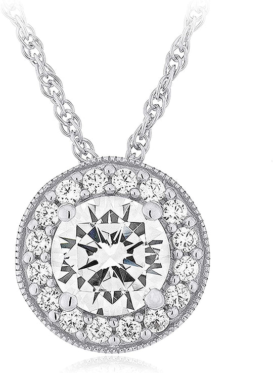 .925 Sterling Silver Cubic Zirconia Halo Pendant Necklace on 18" Rope Chain