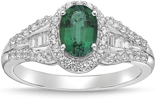 .925 Sterling Silver, Lab-Grown Oval Gemstone & Round + Baguette Cut Lab-Grown White Sapphire Halo Flared Band Engagement Ring - Choice of Gem Color