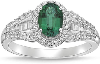 .925 Sterling Silver, Lab-Grown Oval Gemstone & Round + Baguette Cut Lab-Grown White Sapphire Halo Flared Band Engagement Ring - Choice of Gem Color