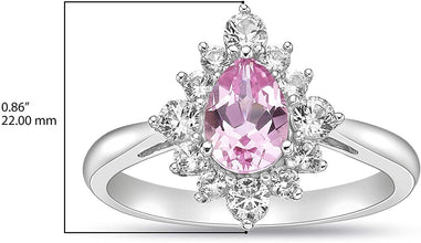 .925 Sterling Silver, Pear Cut Lab-Grown Gemstone & Round Lab-Grown White Sapphire Halo Teardrop Engagement Ring - Choice of Gem Color