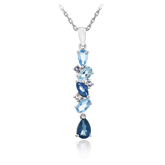 .925 Sterling Silver Natural Denim & Sky Blue Topaz Elongated Pendant Necklace with 18" Fine Rope Chain