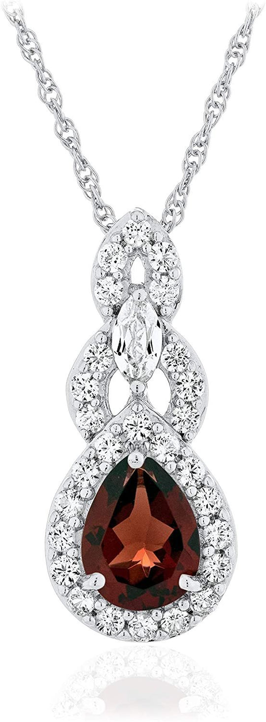 .925 Sterling Silver Teardrop Birthstone & Lab Grown White Sapphire or CZ Art Deco Style Pendant & 18" Rope Chain Necklace - Choice of Gem Color/Month