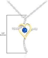 Two Tone 14K Yellow Gold Plated .925 Sterling Silver, Dangling Gemstone & Lab Grown White Sapphire Heart Cross Pendant Necklace 20” - Choice of Color