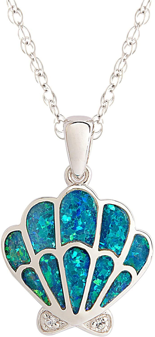 .925 Sterling Silver, Lab Grown Blue Green Opal Inlay & Lab Grown White Sapphire Accents Seashell Pendant Necklace with Rope Chain - 20”