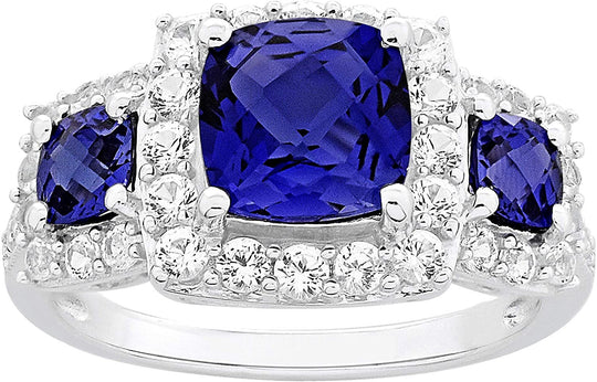 .925 Sterling Silver, Cushion Cut Lab-Grown Blue Sapphire & Round Lab-Grown White Sapphire Halo Engagement or Anniversary Ring