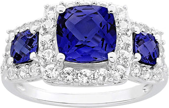 .925 Sterling Silver, Cushion Cut Lab-Grown Blue Sapphire & Round Lab-Grown White Sapphire Halo Engagement or Anniversary Ring