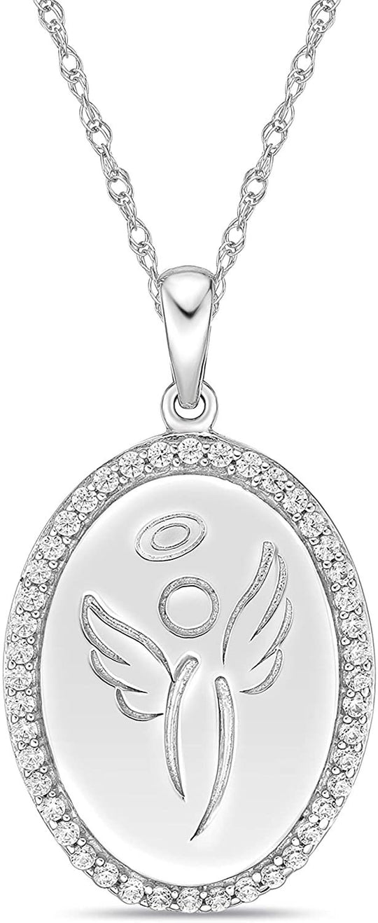 .925 Sterling Silver Cubic Zirconia Engraved Angel with Message “I am essential” Essential Worker Appreciation Oval Pendant Necklace - 20”