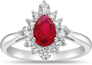 .925 Sterling Silver, Pear Cut Lab-Grown Gemstone & Round Lab-Grown White Sapphire Halo Teardrop Engagement Ring - Choice of Gem Color