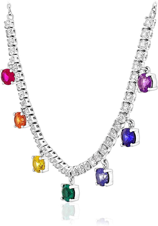 .925 Sterling Silver Created Ruby, Emerald, Padparadscha, Yellow, Blue and White Sapphire, and Amethyst Rainbow Dangling Stone Tennis Necklace - 18"