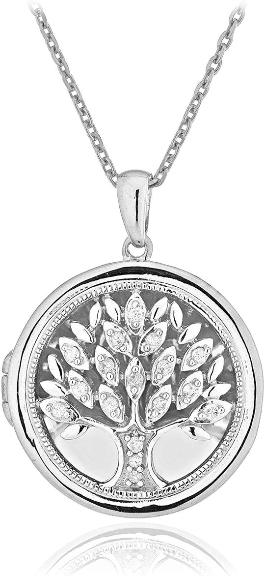 .925 Sterling Silver 1/10 Cttw Diamond Round Tree of Life Milgrain Locket Pendant Necklace with Cable Chain - 18” (I-J Color, I2-I3 Clarity)
