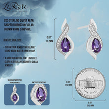 .925 Sterling Silver Pear-Shaped Birthstone & Lab-Grown White Sapphire or CZ Milgrain Twist Stud Drop Earrings - Choice of Gem Color/Month