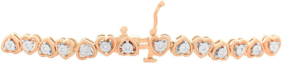 14K Rose Gold Plated .925 Sterling Silver 1/10 Cttw Diamond Miracle Plate Heart Shaped Links Tennis Bracelet - 7-1/4