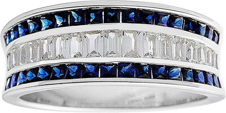 .925 Sterling Silver Baguette Cut & Princess Cut Gemstone Channel Set Band Statement Ring - Choice of Cubic Zirconia or Created Blue & White Sapphire