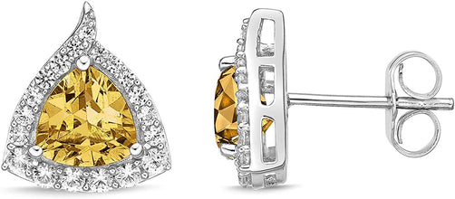 .925 Sterling Silver Trillion Cut Birthstone & Created White Sapphire Halo Stud Earrings - Choice of Birthstone/Month