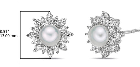 .925 Sterling Silver, 6mm White Freshwater Cultured Button Pearl & White Cubic Zirconia Double Halo Snowflake or Star Pushback Stud Earrings