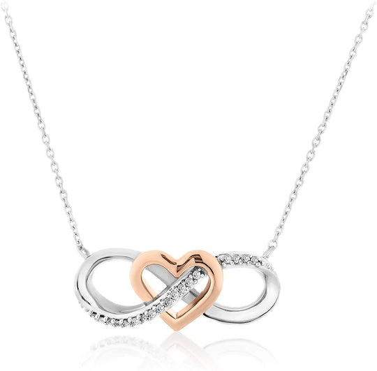 Two Tone 14K Rose Gold Plated .925 Sterling Silver 1/10 Cttw Diamond Infinity Knot Heart Pendant Necklace on 18" Cable Chain (I-J Color, I2-I3 Clarity)