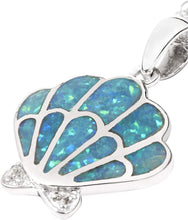 .925 Sterling Silver, Lab Grown Blue Green Opal Inlay & Lab Grown White Sapphire Accents Seashell Pendant Necklace with Rope Chain - 20”