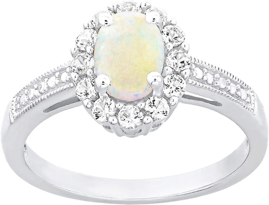 .925 Sterling Silver, Oval Shaped Lab Created White Opal Cabochon & Lab Created White Sapphire Halo Milgrain Edged Engagement Ring