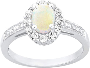 .925 Sterling Silver, Oval Shaped Lab Created White Opal Cabochon & Lab Created White Sapphire Halo Milgrain Edged Engagement Ring